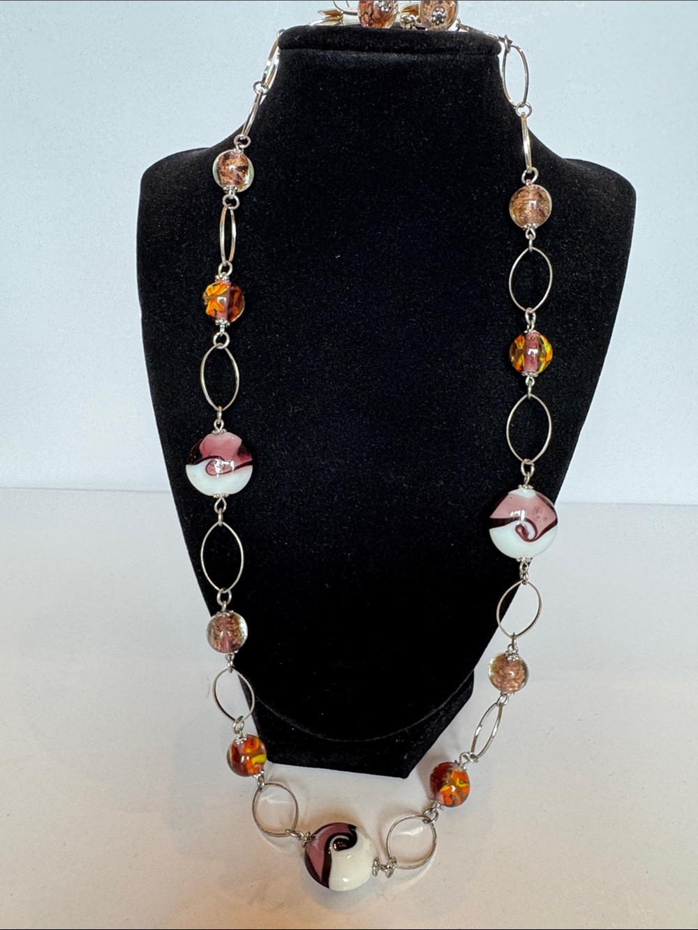 Pink, silver, black White Glass Bead Handmade Necklace Set Nickel and lead free